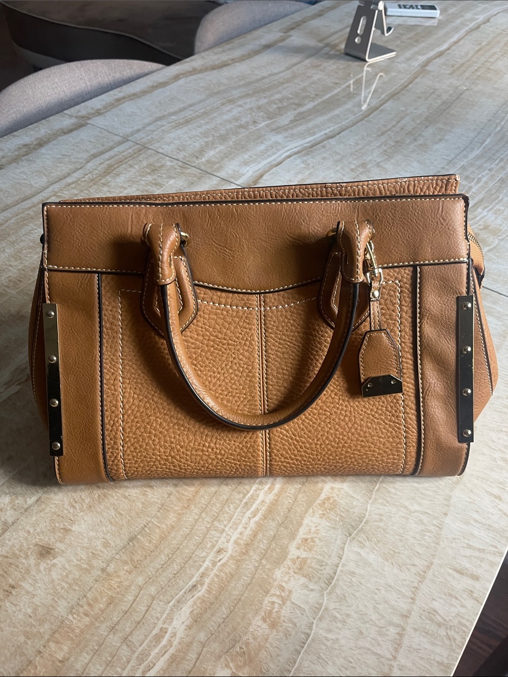 Aldo Cognac Brown Pebbled Leather Satchel with Gold Accents